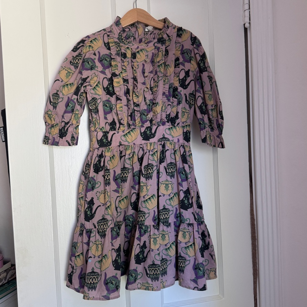 Kate Quinn puff sleeve dress | mauve teapots | organic cotton woven size 8